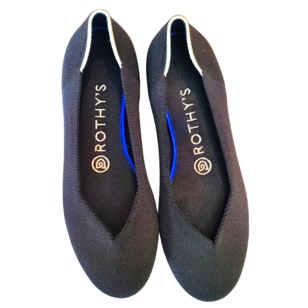Rothy's Black Knit Pointed Ballet Flats with White Trim